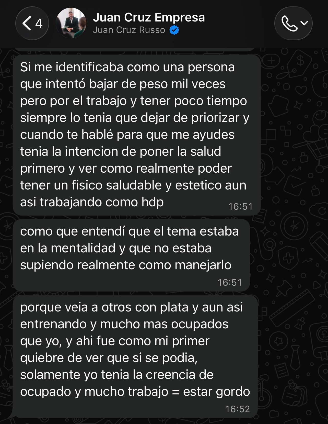 Testimonio de un cliente por WhatsApp